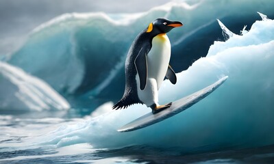Obraz premium A close-up view of a penguin's feet paddling on the iceberg as it surfs the wave