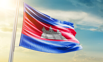 Cambodia national flag waving in beautiful sky.