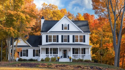 A colonial-style home with white clapboard siding, black shutters, and a wrap-around porch, set against a backdrop of vibrant fall foliage. 32k, full ultra hd, high resolution - Powered by Adobe