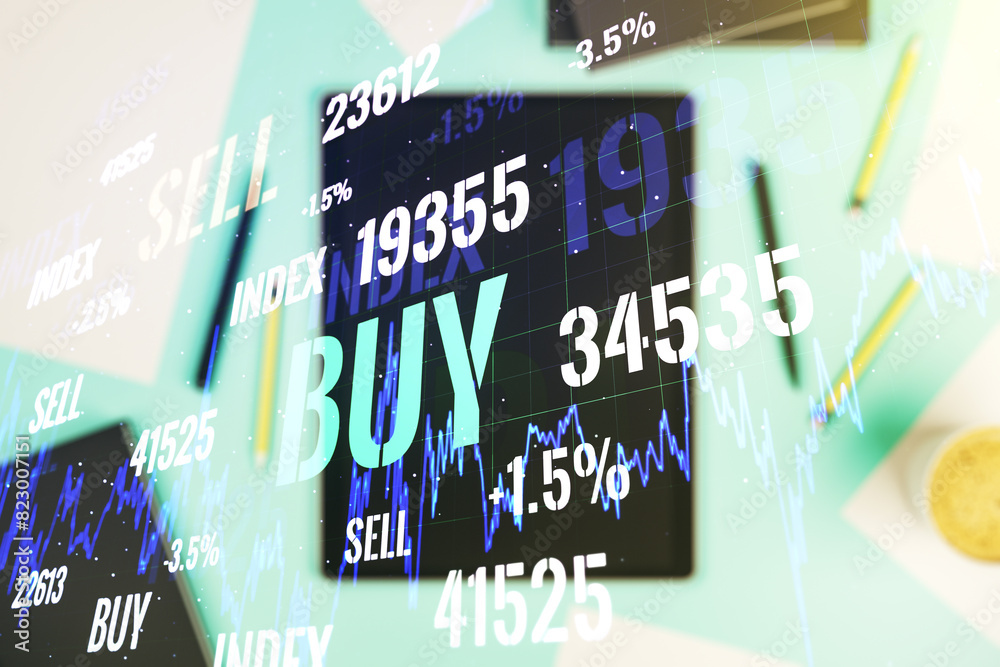 Aufkleber multi exposure of abstract creative financial graph and modern digital tablet on background, top vie