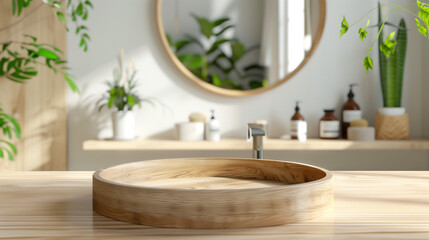 3D render of a round wooden tray on a wooden countertop in a bright, modern bathroom. The background includes a mirror, bathroom accessories, and a potted plant, all slightly blurred to highlight 