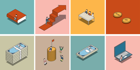 お金の勉強　ファイナンシャルリテラシー　投資・資産運用について学ぶ人々のイメージ