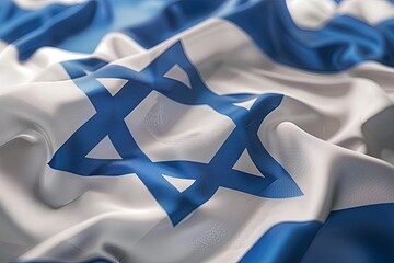 National flag of Israel fluttering in the wind. Close-up view of a blue and white flag with the Star of David symbol. Generative AI