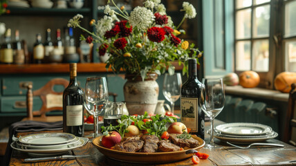 A Spanish family dining at home, in a tranquil and familiar atmosphere. On their plates,generative ai