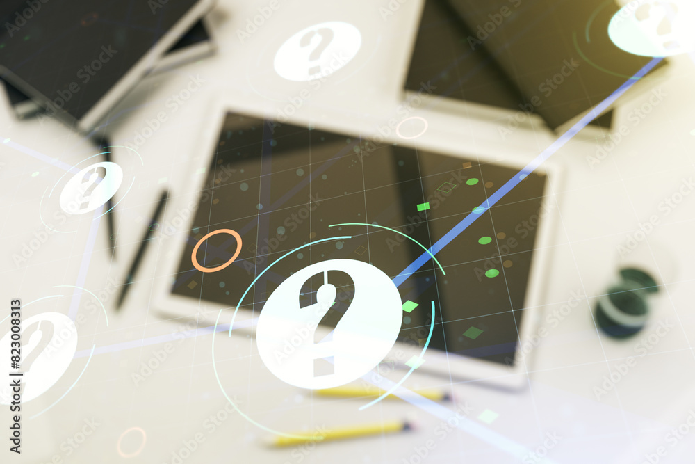 Aufkleber creative abstract question mark sketch and modern digital tablet on background, faq and research con