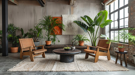 Art-inspired home interior with a retro design, wooden floor, and elegant furniture