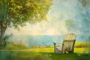 A solitary wooden chair sits under the shade of a large tree, overlooking a calm lake. Relax summer time