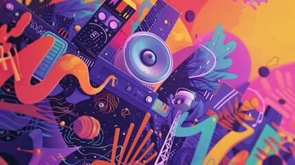 Vibrant abstract background featuring music festival icons