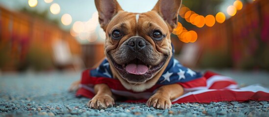 Bulldog wearing american flag with building in front of background，American Bulldog, US flag, patriotic, national holiday, Flag Day, Veterans Day, Memorial Day, Independence Day, Patriot Day, building