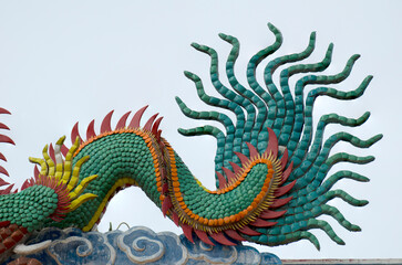 Dragon at Chinese Shrine. Chainese gold dragon on blue sky backgrounds