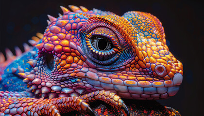 Naklejka premium A stunning close-up photograph of a rainbow lizard, its scales glistening in the sunlight. The lizard is perched on a rock, its eyes closed in contentment.