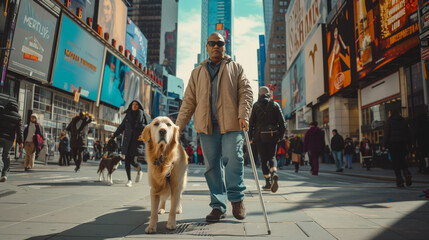 Blind man with a guide dog and a white cane walks down a bustling city street, flanked by tall buildings and busy sidewalks.
