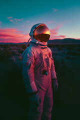 An astronaut in a reflective helmet and space suit stands in a desert at sunset, surrounded by mountains under a vibrant, red sky.