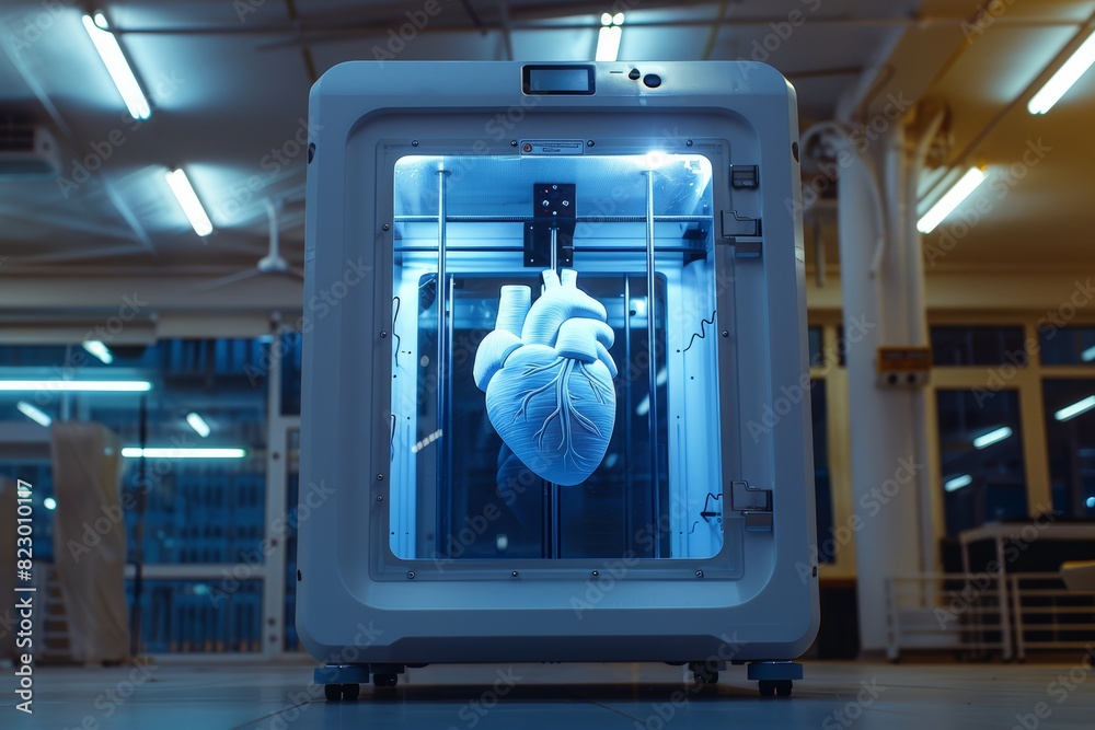 Aufkleber A high-tech 3D printer creating a detailed heart model in a laboratory, illustrating the innovative use of bioprinting technology in medical research, Generative AI