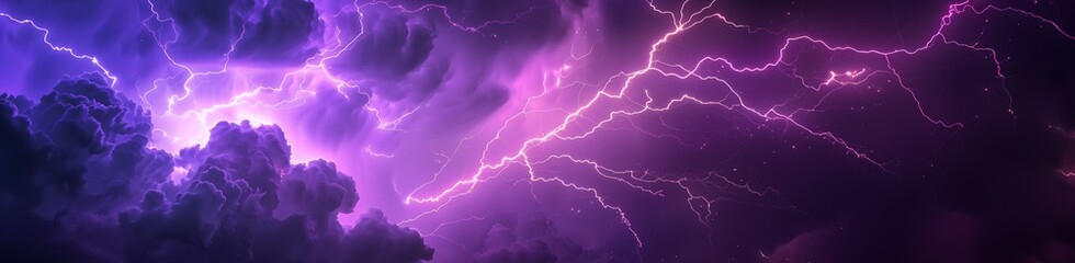 Purple Lightning strike on the dark cloudy sky landscape.