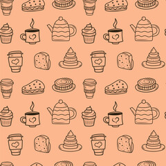 Doodle bakery coffee seamless pattern. Hand drawn cupcake, coffee cups, cookies for wrapping paper, package print, cafeteria and shop wallpapers.