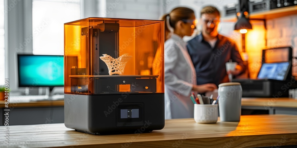 Aufkleber Modern 3D printer in a laboratory with a printed model, highlighting the technological advancements and innovative processes in engineering, Generative AI