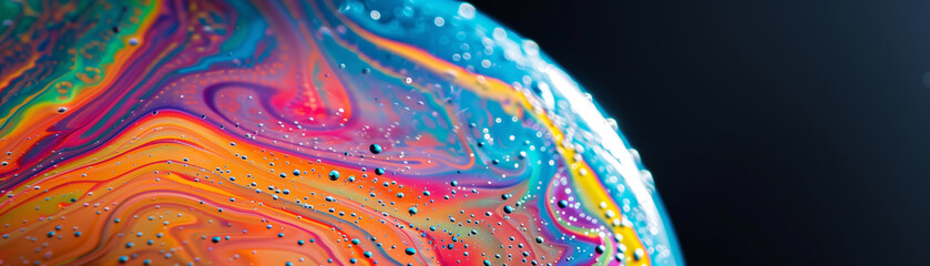 Macro closeup panorama of a colorful soap bubble.
