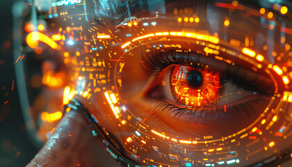 Enhance the beauty of a woman's eye with glowing orange cybernetic implants, make the eye appear to be staring into the soul of the viewer, and add a futuristic HUD display.