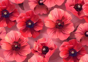 a bunch of red flowers on a pink background