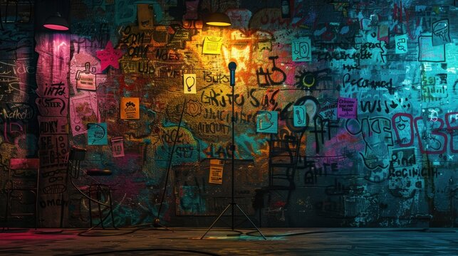 Lively abstract background featuring stand-up comedy show icons and humorous elements