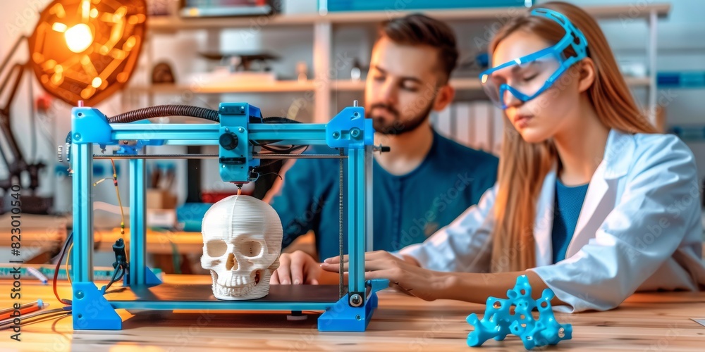 Aufkleber Engineers and scientists in a laboratory using 3D printing technology to create a detailed skull model, demonstrating the intersection of technology, medical research, Generative AI