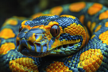 Fototapeta premium A stunning close-up photograph of a bright green and yellow snake with black stripes and blue eyes