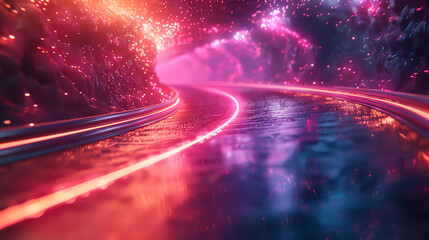 Create a photorealistic image of a high-speed tunnel with glowing red and blue neon lights, and a sparkling dust particles floating in the air.