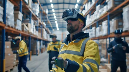 Futuristic warehouse with workers using augmented reality glasses to identify and pick packages, efficient