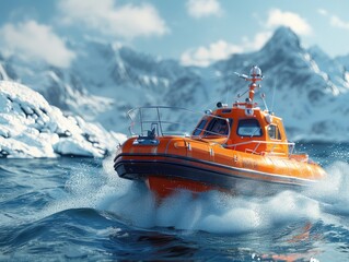 Fototapeta premium The red ship is sailing in the iceberg
