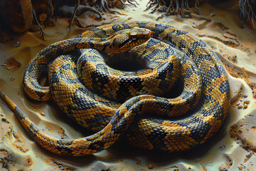 Obraz premium A beautiful and deadly snake, the Eastern Diamondback Rattlesnake, is coiled and ready to strike