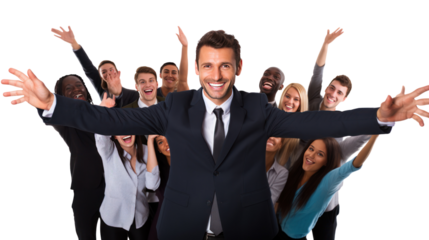 A diverse team of business people collaborating on a project isolated on transparent and white background.PNG image.	