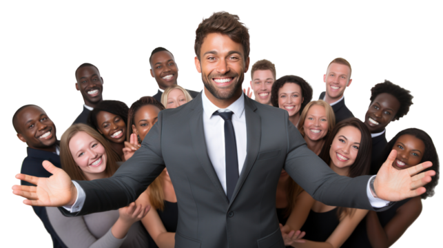 A diverse team of business people collaborating on a project isolated on transparent and white background.PNG image.	