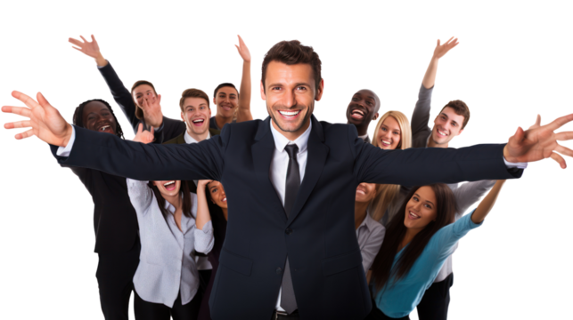 A diverse team of business people collaborating on a project isolated on transparent and white background.PNG image.