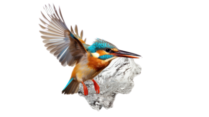 A vibrantly colored kingfisher with blue wings perches on a branch, Isolated from the white background.