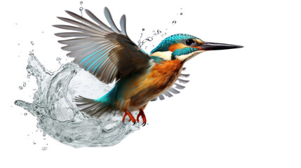 Obraz premium A vibrantly colored kingfisher with blue wings perches on a branch, Isolated from the white background.