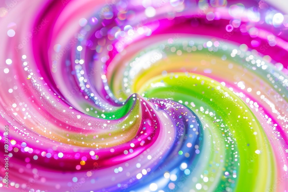 Poster Vibrant and colorful abstract swirl with rainbow hues and glitter, creating a dynamic and lively pattern that captures the essence of fluid motion and playful creativity, Generative AI