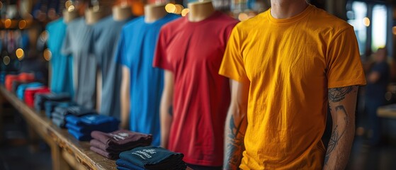 Fototapeta premium Brightly colored promotional merchandise t-shirts displayed by people in the office. Emphasis on variety and quality of programs