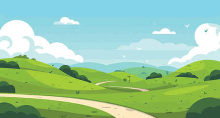 Obraz premium a cartoon landscape with a road going through the green hills