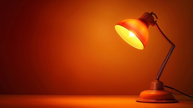Bright light emanates from the base of the desk lamp, against an overhead angle on an isolated orange background