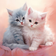 Cat with two kittens. Digital art.