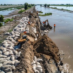 Obraz premium An action-packed aerial view of a riverbank reinforcement project, with workers deploying large sandbags and constructing levees to prevent overflow, emphasizing the hands-on and strategic aspects of