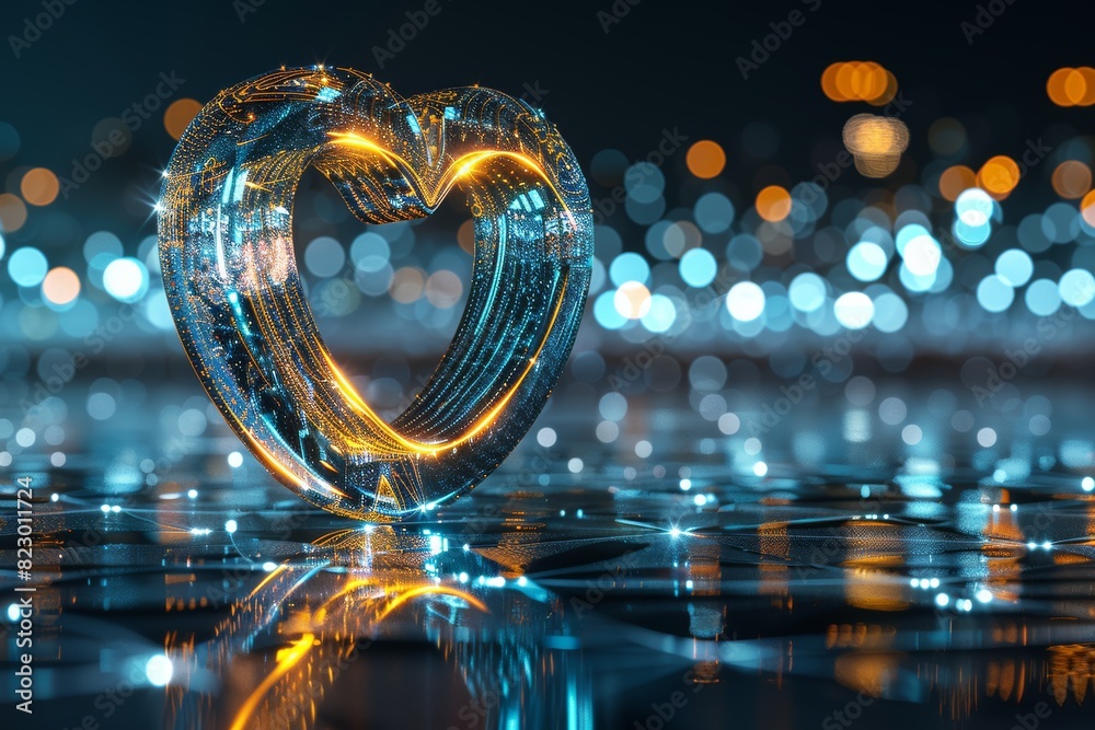 Poster A glowing wireframe heart illuminated with golden lights and surrounded by vibrant bokeh, symbolizing love and connection in a digital and modern art form, Generative AI