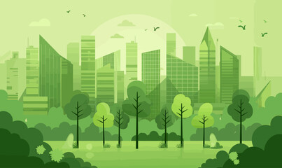 a green city landscape with trees and birds