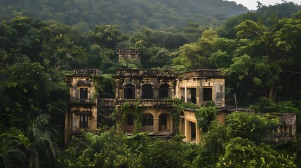 A timeless Indian mansion nestled within a dense forest, its weathered stone walls and lush greenery merging seamlessly, as if the house itself is a part of the landscape, untouched by time.