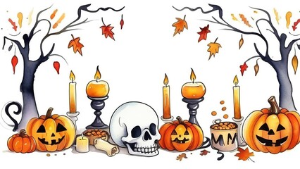 Skull, pumpkins, Halloween candles on a white isolated background. Wallpaper, Halloween background