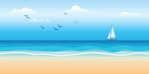 Fototapeta premium Seascape with sailing yacht, picturesque sky, summer vacation, vector cartoon