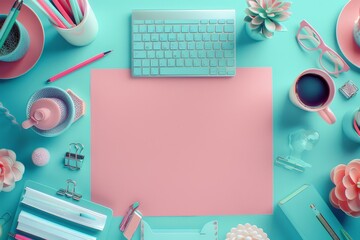 Obraz premium Desk with various stationery items, overhead shot, isolated pink background
