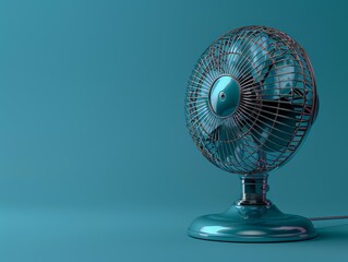 A vintage desktop fan spins on an isolated cyan background in mid-operation, with a subtle blur effect
