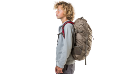young boy with his backpack isolated on transparent and white background.PNG image.